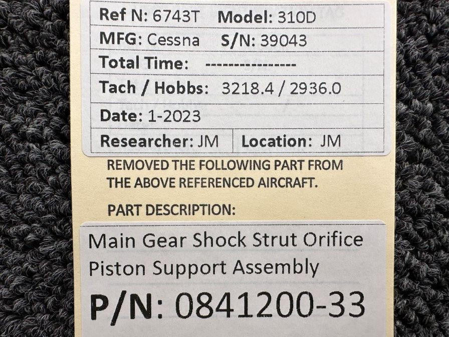 Cessna Aircraft Parts 0841200-33 Cessna 310D Landing Gear Orifice Piston Support Assembly