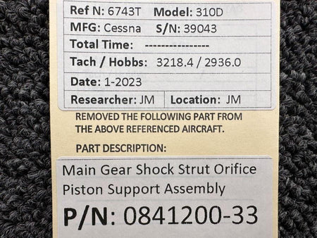 Cessna Aircraft Parts 0841200-33 Cessna 310D Landing Gear Orifice Piston Support Assembly
