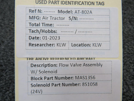 Air Tractor MAS1356, 851058 Air Tractor AT-802A Flow Valve Assembly with Solenoid