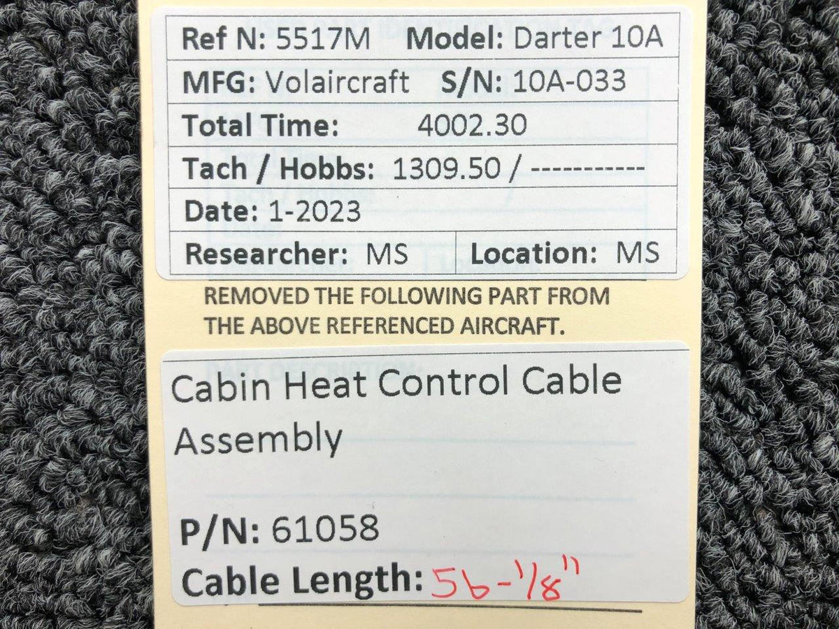 Volairecraft 61058 Volaircraft 10A Cabin Heat Control Cable Assembly (Length: 56-1/8")
