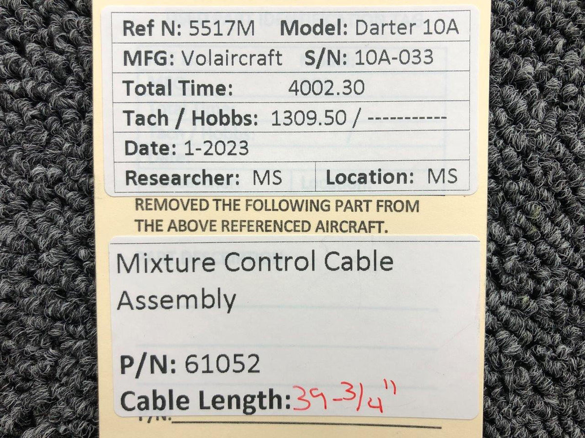 Volairecraft 61052 Volaircraft 10A Mixture Control Cable Assembly (Length: 39-3/4")