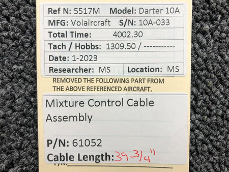 Volairecraft 61052 Volaircraft 10A Mixture Control Cable Assembly (Length: 39-3/4")