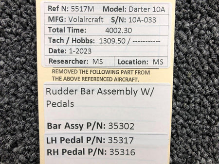 Volairecraft 35302, 35317 Volaircraft 10A Rudder Bar Assembly with Pedals