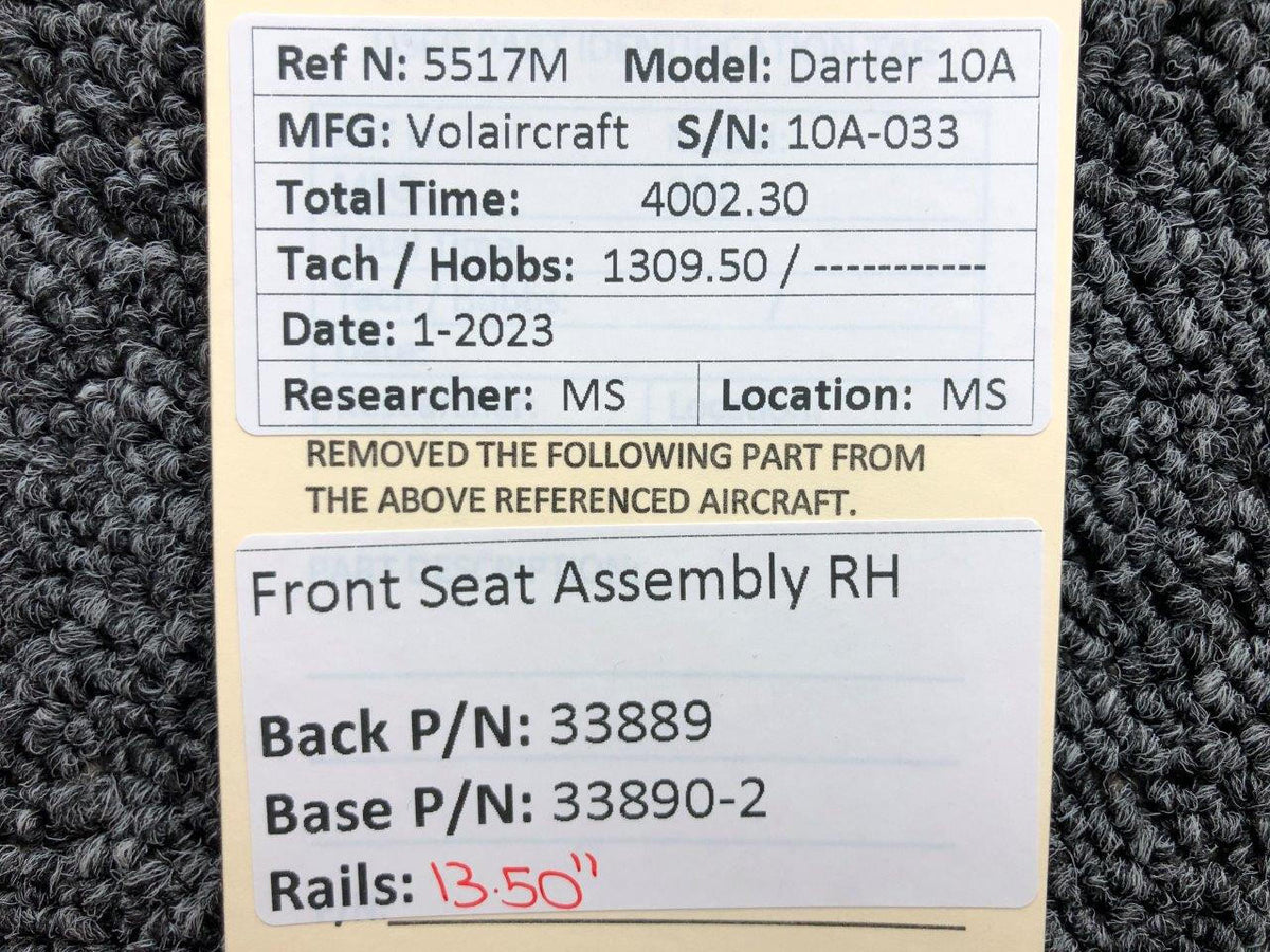 Volairecraft 33889, 33890-2 Volaircraft 10A Front Seat Assembly RH (Rails: 13-1/2")
