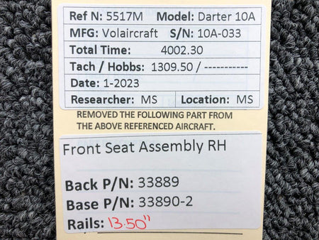 Volairecraft 33889, 33890-2 Volaircraft 10A Front Seat Assembly RH (Rails: 13-1/2")