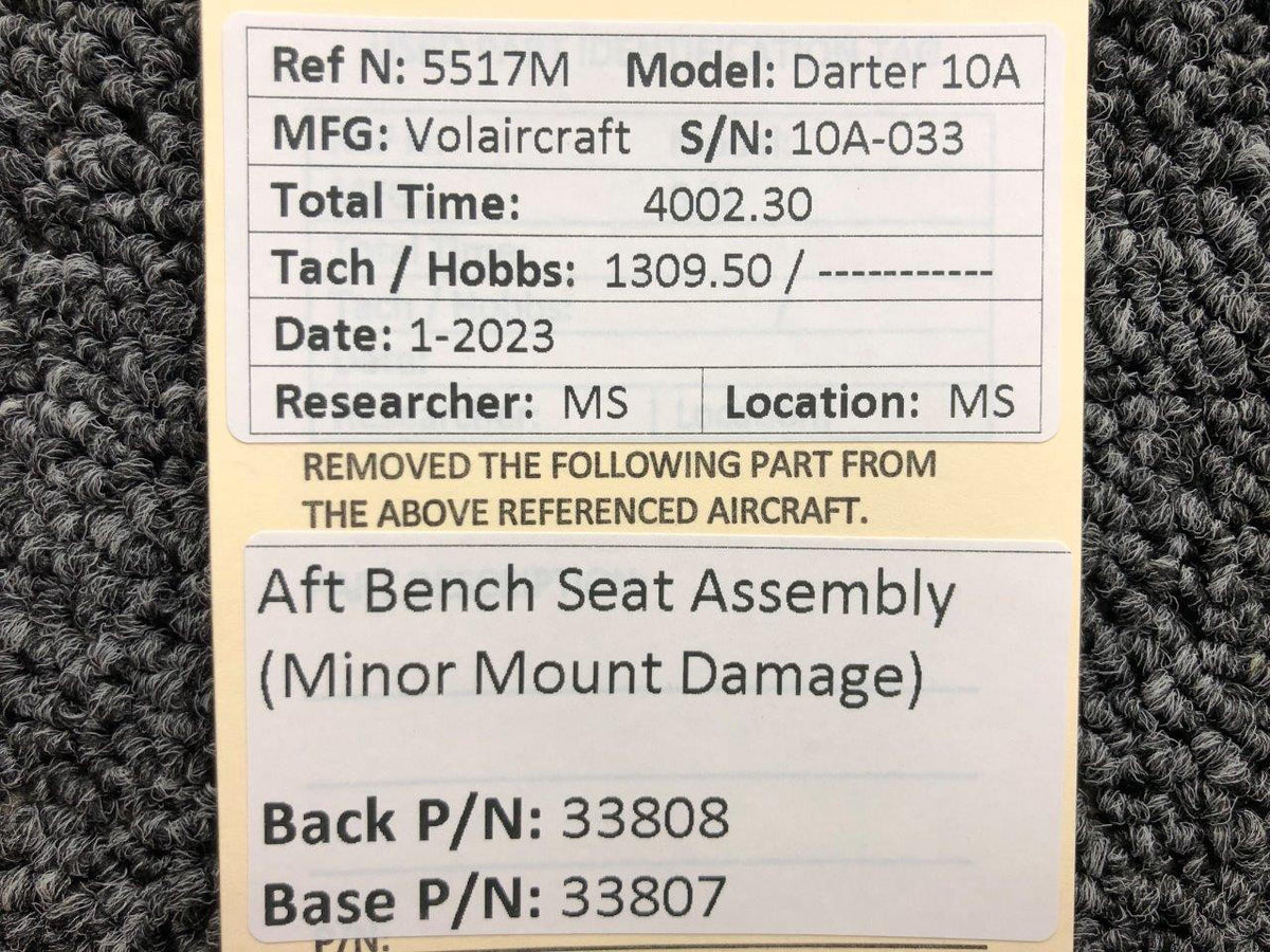 Volairecraft 33808, 33807 Volaircraft 10A Aft Bench Seat Assembly (Minor Damage)