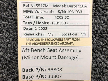 Volairecraft 33808, 33807 Volaircraft 10A Aft Bench Seat Assembly (Minor Damage)