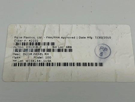 Plane Plastics K31318-2 Plane Plastics LTD Interior Door Panel RH (Fragile)