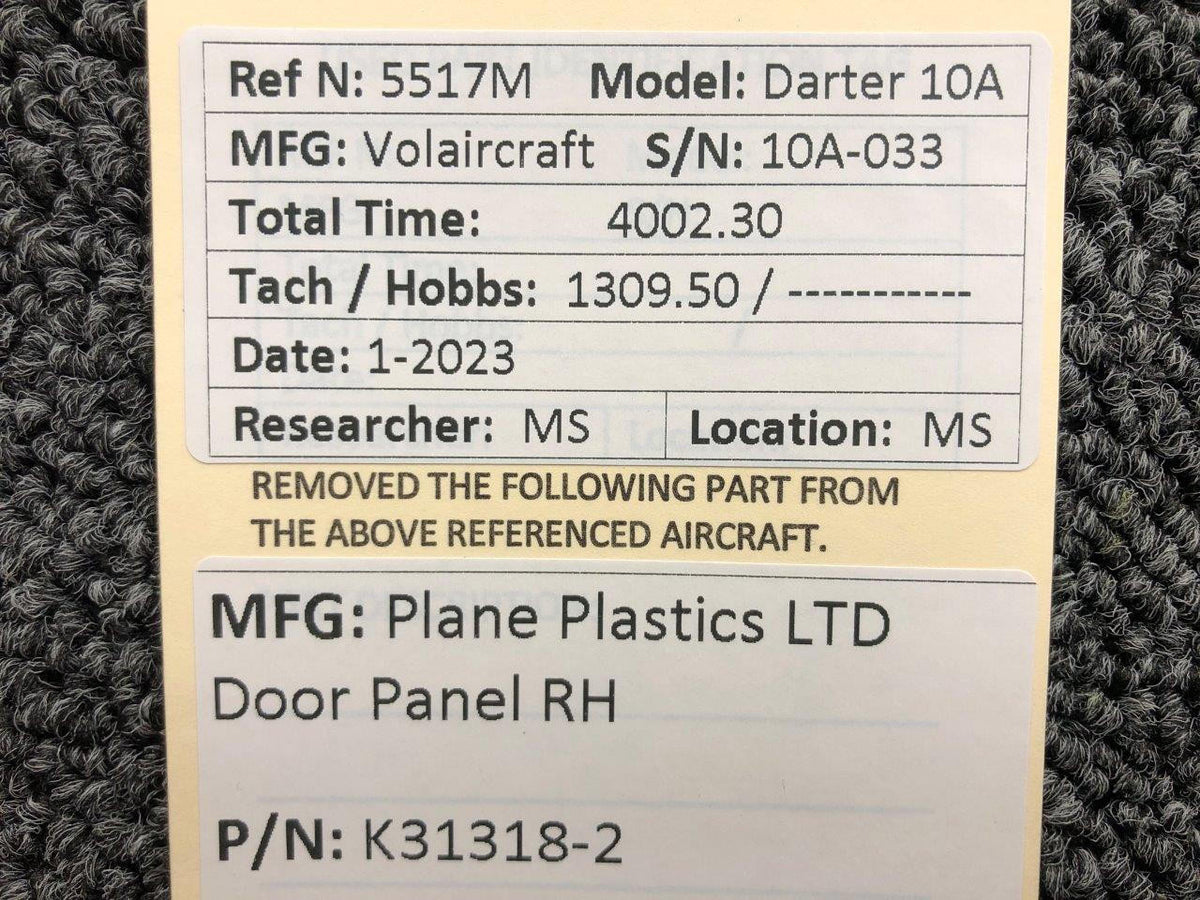 Plane Plastics K31318-2 Plane Plastics LTD Interior Door Panel RH (Fragile)
