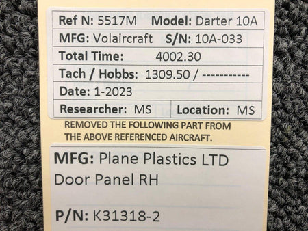 Plane Plastics K31318-2 Plane Plastics LTD Interior Door Panel RH (Fragile)