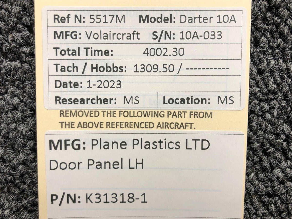 Plane Plastics K31318-1 Plane Plastics LTD Interior Door Panel LH (Fragile)