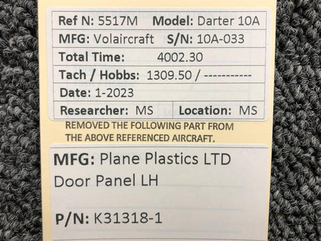 Plane Plastics K31318-1 Plane Plastics LTD Interior Door Panel LH (Fragile)