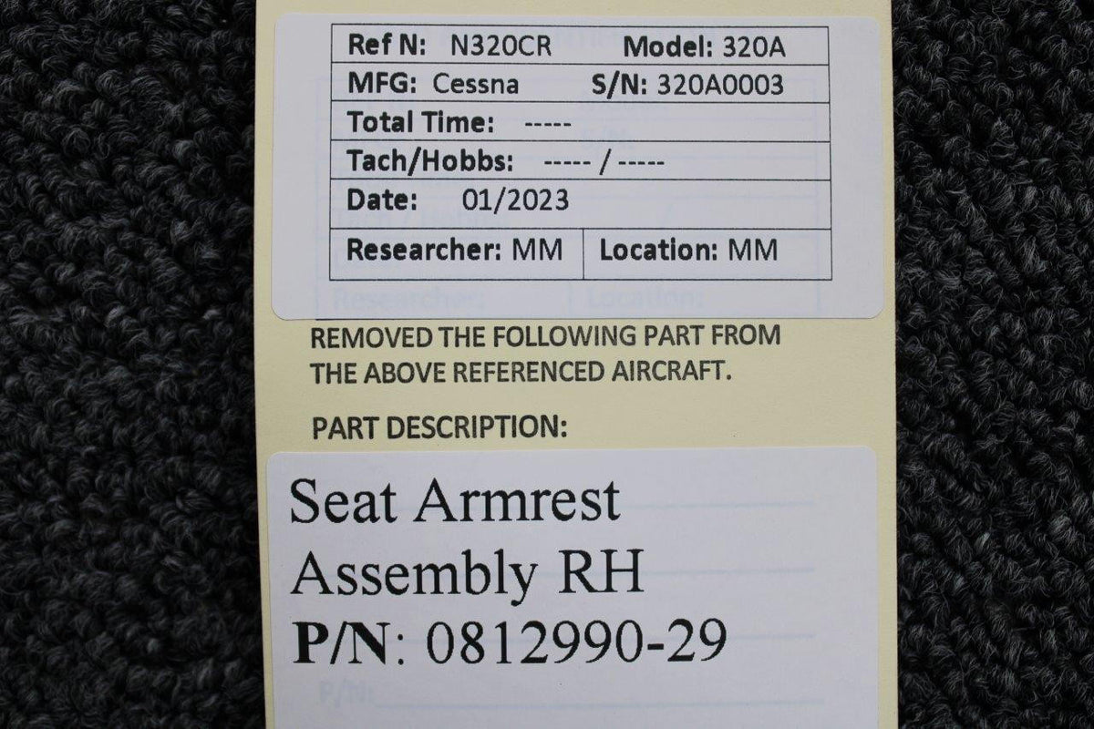 Cessna Aircraft Parts 0812990-29 Cessna 320A Armrest Assembly RH