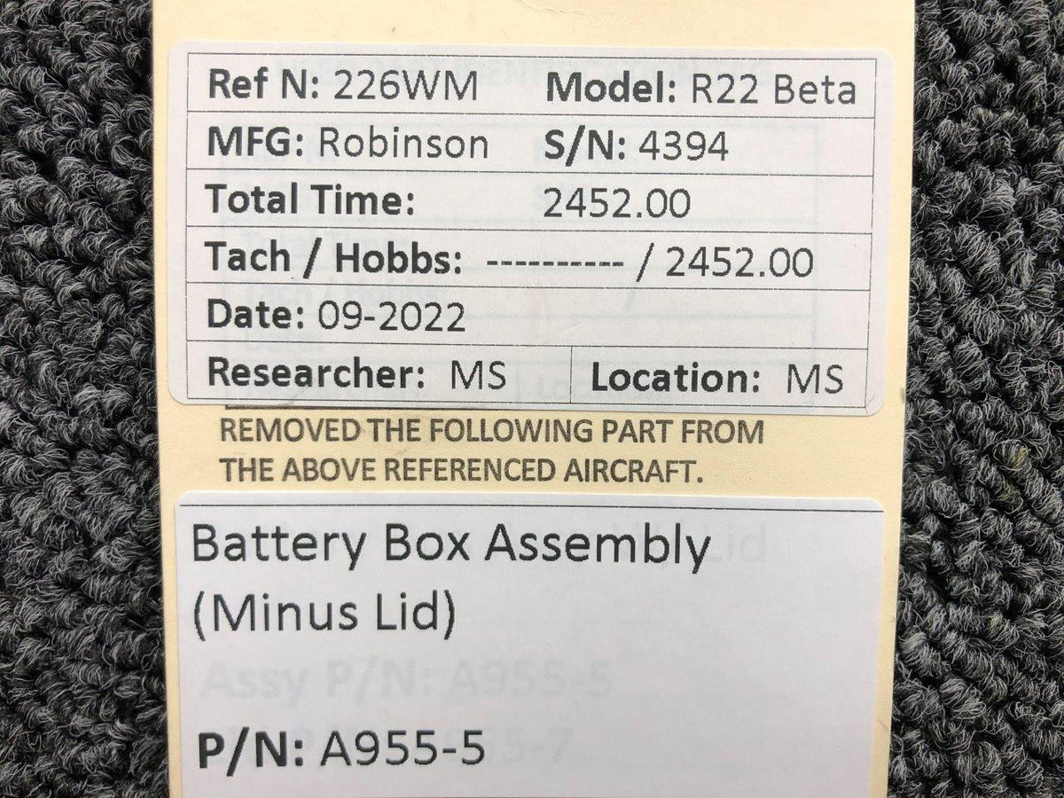 Robinson Helicopter & Airplane Parts A955-5 Robinson R22 Beta Battery Box Assembly (Minus Lid)