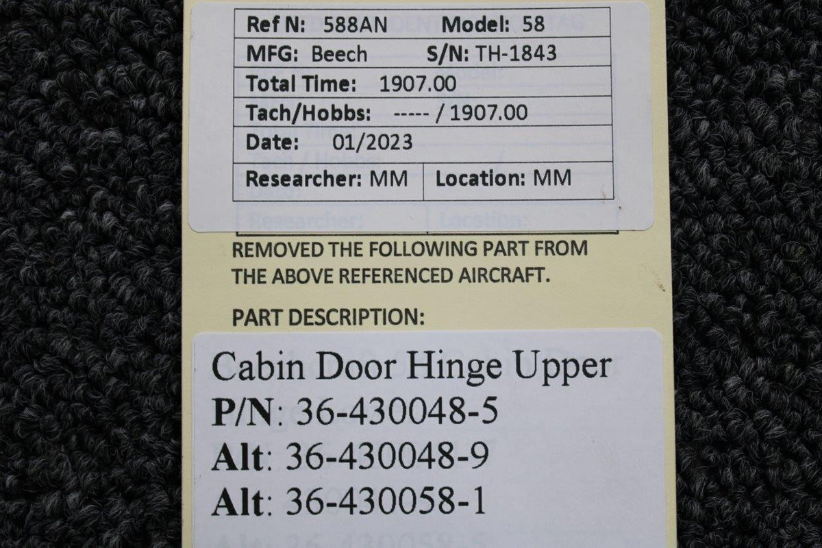 Beechcraft Parts 36-430048-5 (Alt: 36-430048-9) Beechcraft 58 Cabin Door Hinge Upper
