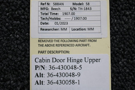 Beechcraft Parts 36-430048-5 (Alt: 36-430048-9) Beechcraft 58 Cabin Door Hinge Upper
