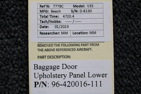 Beechcraft Parts 96-420016-111 Beechcraft V-35 Baggage Door Upholstery Panel Lower