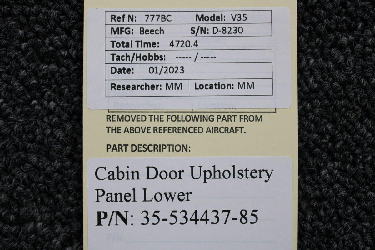 Beechcraft Parts 35-534437-85 Beechcraft V-35 Cabin Door Upholstery Panel Lower