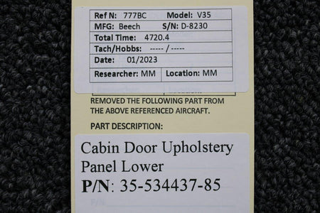 Beechcraft Parts 35-534437-85 Beechcraft V-35 Cabin Door Upholstery Panel Lower