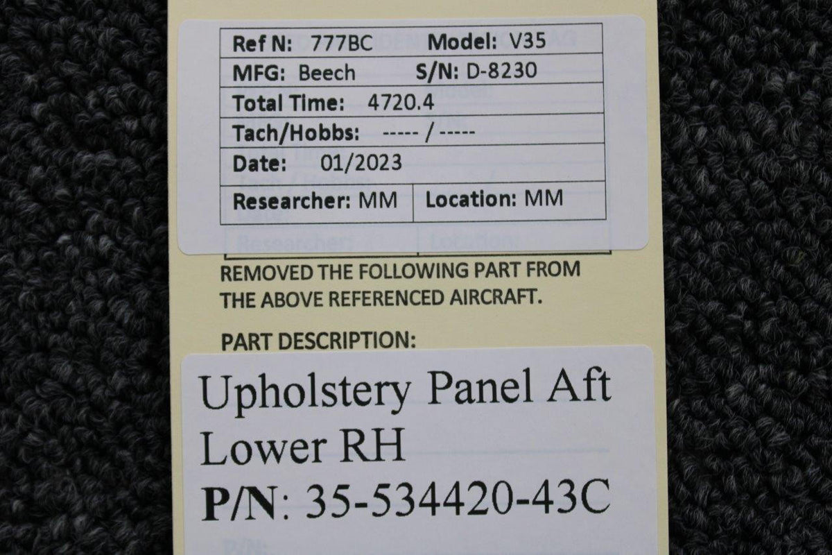 Beechcraft Parts 35-534420-43C Beechcraft V-35 Upholstery Panel Aft Lower RH