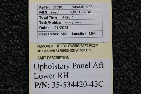Beechcraft Parts 35-534420-43C Beechcraft V-35 Upholstery Panel Aft Lower RH