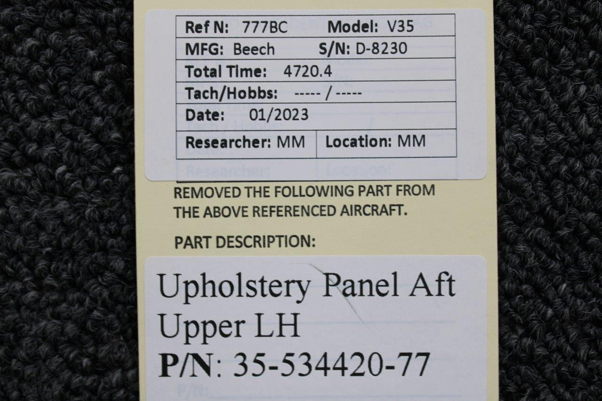 Beechcraft Parts 35-534420-77 Beechcraft V-35 Upholstery Panel Aft Upper LH