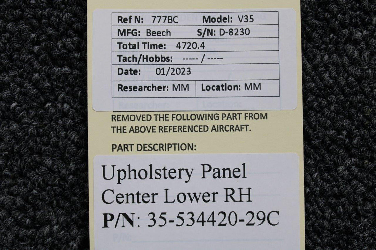 Beechcraft Parts 35-534420-29C Beechcraft V-35 Upholstery Panel Center Lower RH