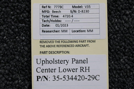 Beechcraft Parts 35-534420-29C Beechcraft V-35 Upholstery Panel Center Lower RH