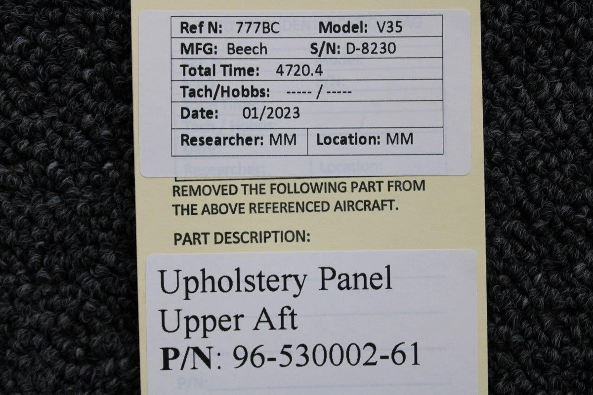 Beechcraft Parts 96-530002-61 Beechcraft V-35 Upholstery Panel Upper Aft