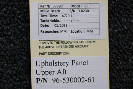 Beechcraft Parts 96-530002-61 Beechcraft V-35 Upholstery Panel Upper Aft