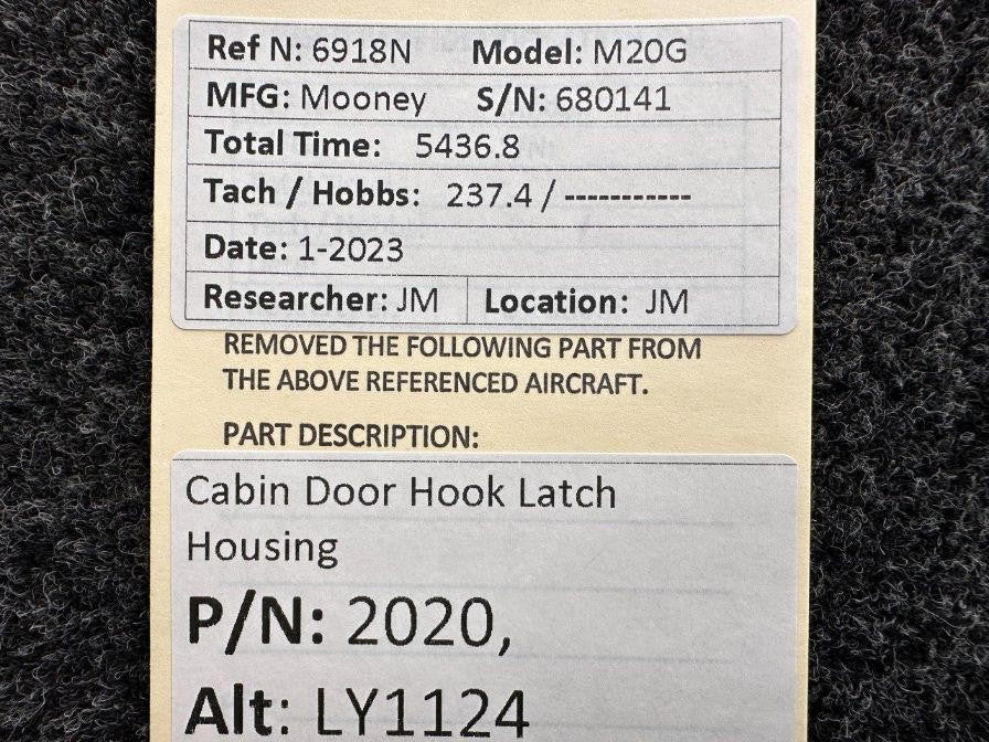 Mooney Aircraft Parts & Accessories 2020 (Alt: LY1124) Mooney M20G Cabin Door Hook Latch Housing