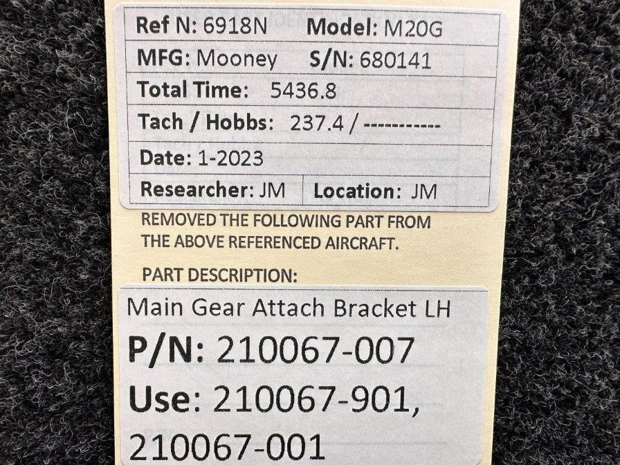 Mooney Aircraft Parts & Accessories 210067-007 (Use: 210067-901) Mooney M20G Main Gear Attach Bracket LH