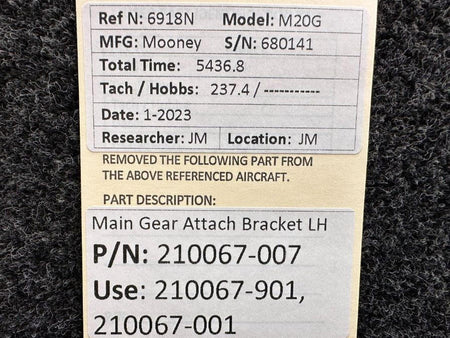 Mooney Aircraft Parts & Accessories 210067-007 (Use: 210067-901) Mooney M20G Main Gear Attach Bracket LH
