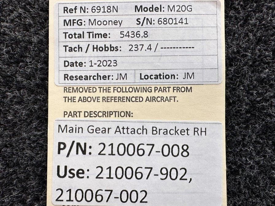 Mooney Aircraft Parts & Accessories 210067-008 (Use: 210067-902) Mooney M20G Main Gear Attach Bracket RH