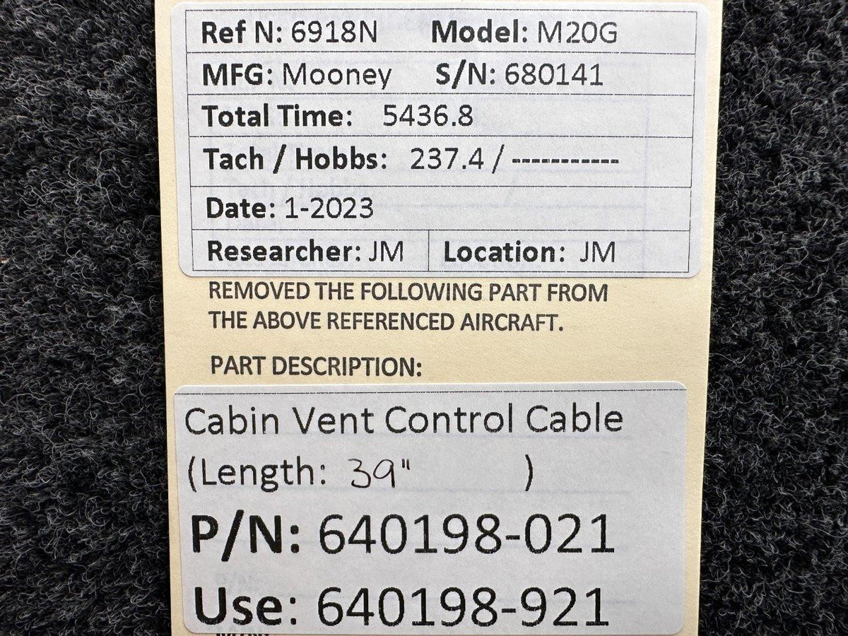 Mooney Aircraft Parts & Accessories 640198-021 (Use: 640198-921) Mooney M20G Cabin Vent Control Cable (Length: 39")