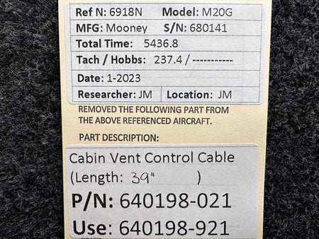 Mooney Aircraft Parts & Accessories 640198-021 (Use: 640198-921) Mooney M20G Cabin Vent Control Cable (Length: 39")