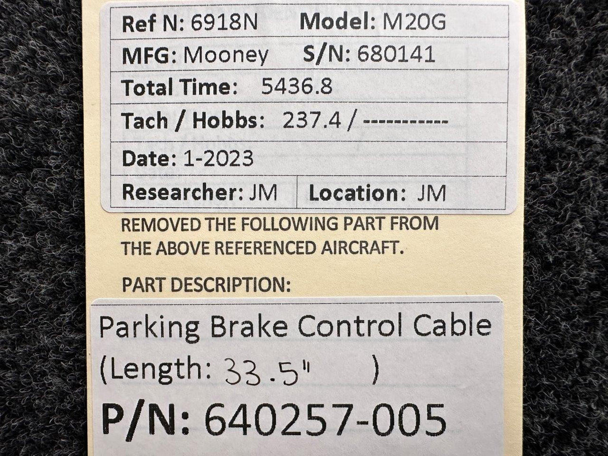 Mooney Aircraft Parts & Accessories 640257-005 Mooney M20G Parking Brake Control Cable (Length: 33-1/2")