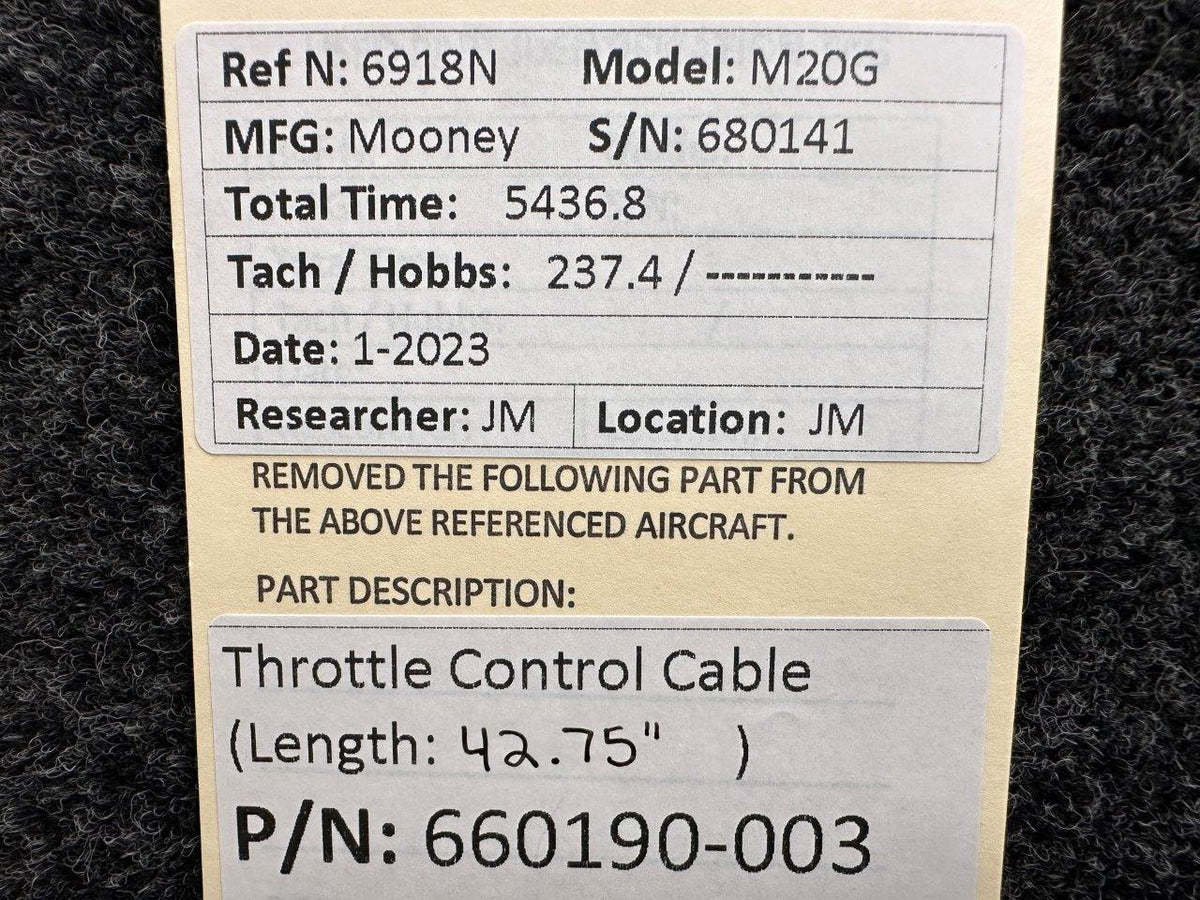 Mooney Aircraft Parts & Accessories 660190-003 Mooney M20G Throttle Control Cable (Length: 42-3/4")