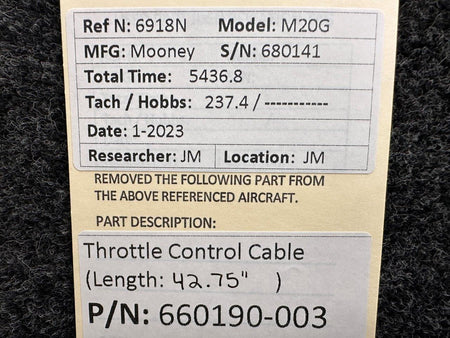 Mooney Aircraft Parts & Accessories 660190-003 Mooney M20G Throttle Control Cable (Length: 42-3/4")