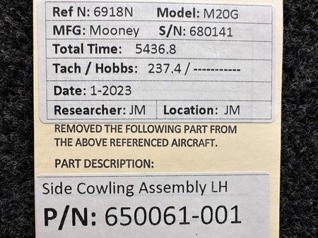 Mooney Aircraft Parts & Accessories 650061-001 Mooney M20G Side Cowling Assembly LH