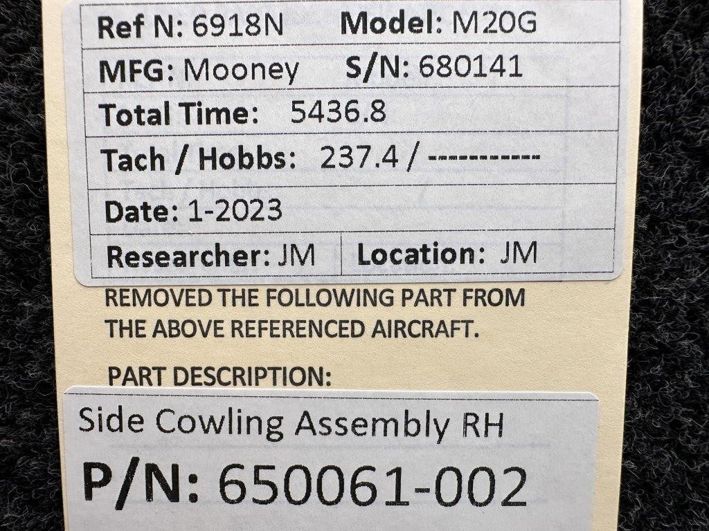 Mooney Aircraft Parts & Accessories 650061-002 Mooney M20G Side Cowling Assembly RH