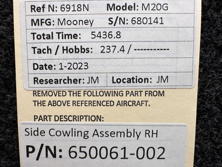 Mooney Aircraft Parts & Accessories 650061-002 Mooney M20G Side Cowling Assembly RH
