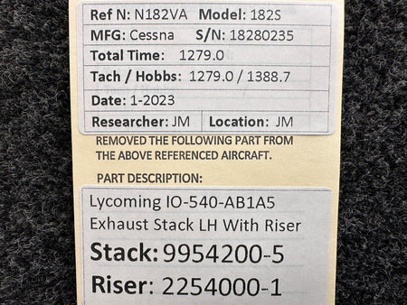 Lycoming Aircraft Engines & Parts 9954200-5, 2254000-1 Lycoming IO-540-AB1A5 Exhaust Stack LH with Riser