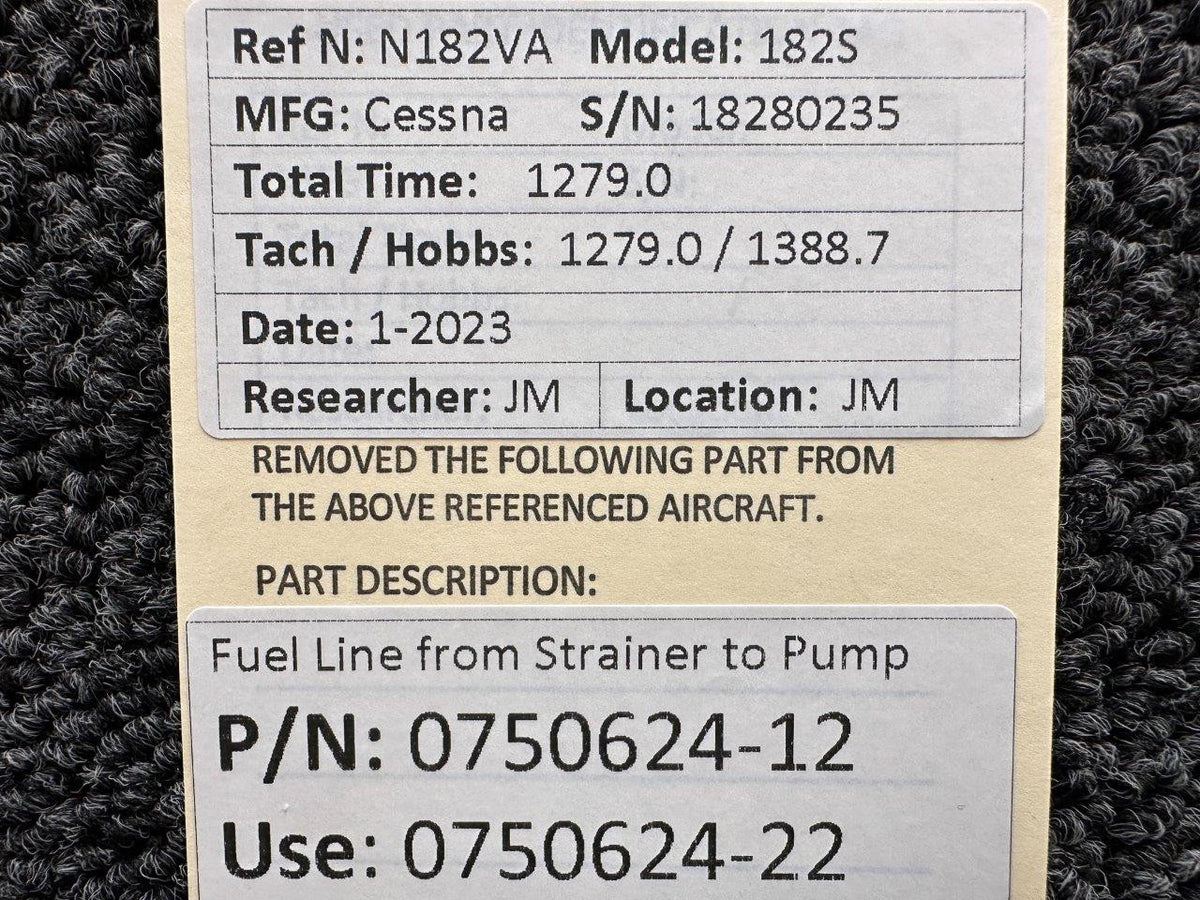 Cessna Aircraft Parts 0750624-12 (Use: 0750624-22) Cessna 182S Fuel Line from Pump to Strainer