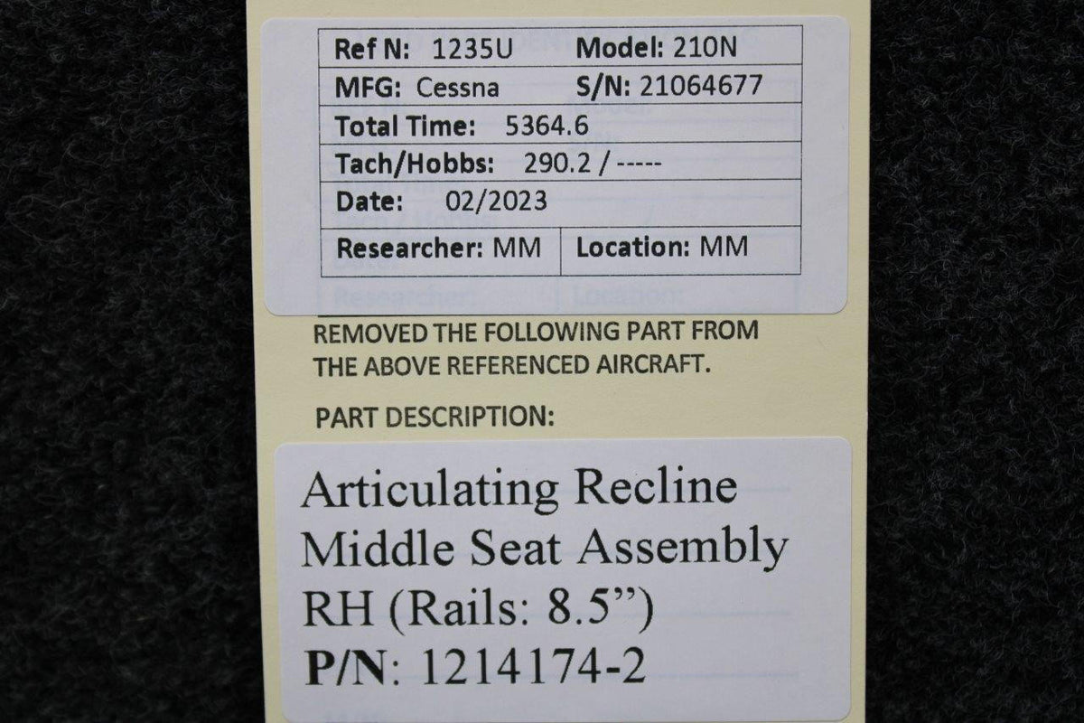 Cessna Aircraft Parts 1214174-2 Cessna 210N Vertical Adjust Middle Seat Assembly RH (Rails: 8-1/2”)