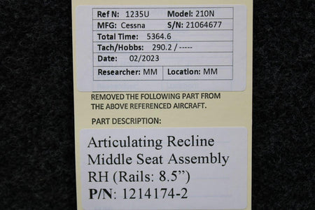 Cessna Aircraft Parts 1214174-2 Cessna 210N Vertical Adjust Middle Seat Assembly RH (Rails: 8-1/2”)