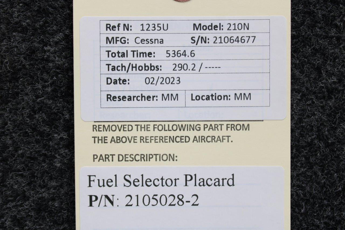 Cessna Aircraft Parts 2105028-2 Cessna 210N Fuel Selector Placard