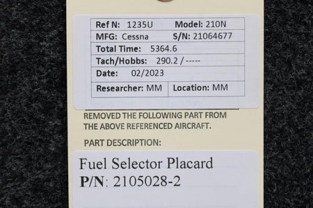Cessna Aircraft Parts 2105028-2 Cessna 210N Fuel Selector Placard