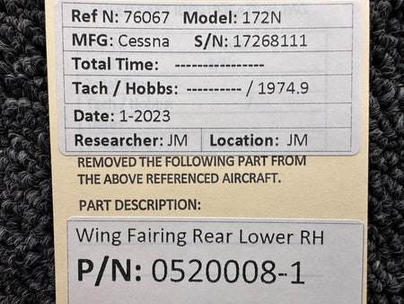 Cessna Aircraft Parts 0520008-1 Cessna 172N Wing Fairing Rear Lower RH