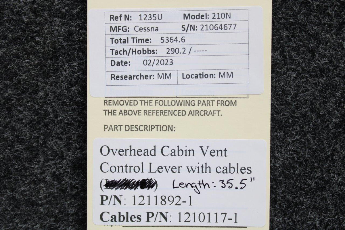 Cessna Aircraft Parts 1211892-1 Cessna 210N Overhead Cabin Vent Control Lever with Cables (L: 35-1/2”)